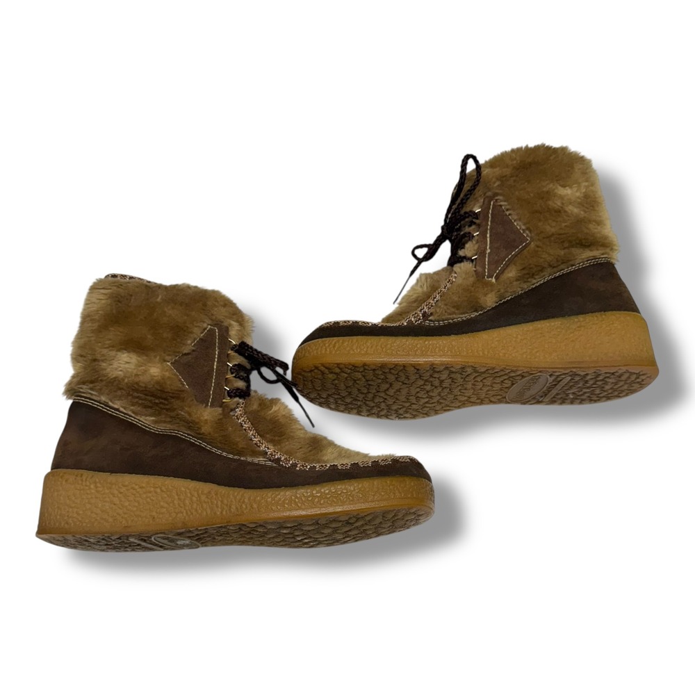 Yodelers Vintage Brown Suede Faux Fur Trim Lace‎ Up Snow Boots Wedge Sole